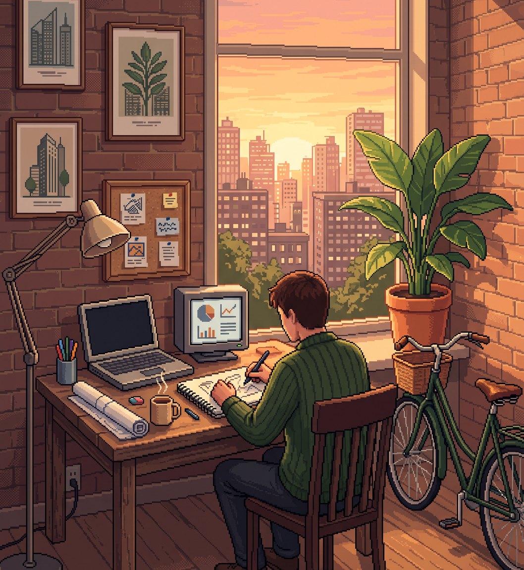 A quiet corner of the studio at golden hour