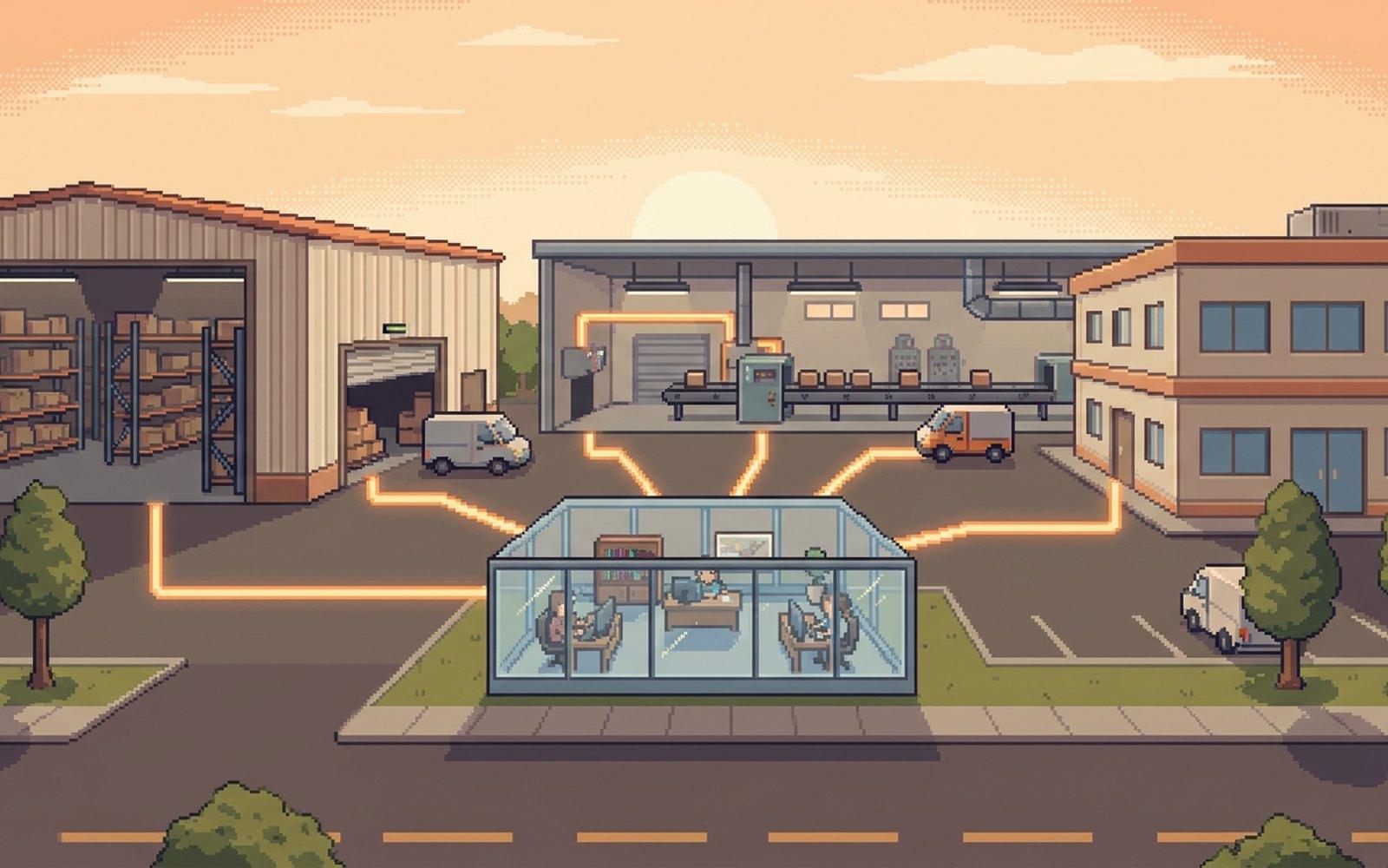Warehouse, factory and office connected into one control room