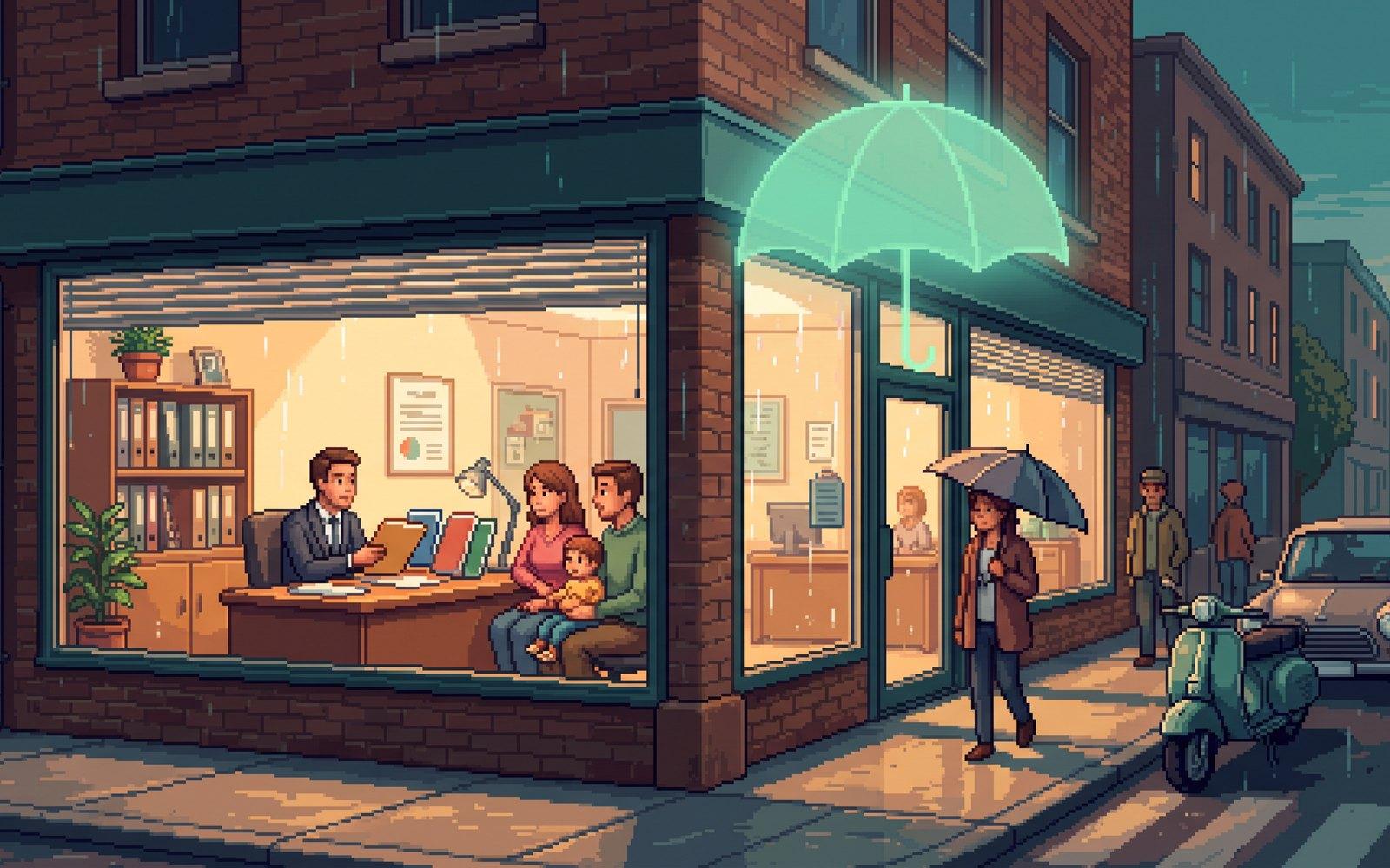 An insurance brokerage storefront under a glowing umbrella