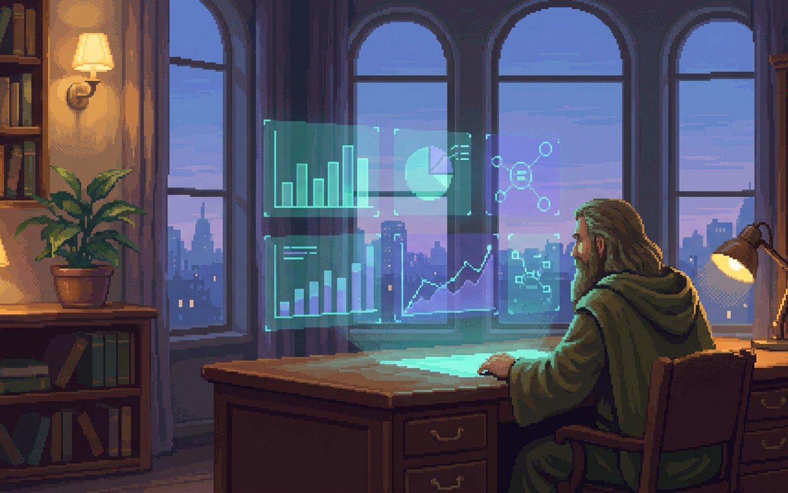 A sage at a desk reading floating charts over a dusk skyline